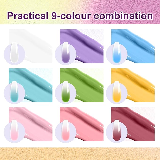 Gradient Gel Nail Set, 9 Bright Colors Ombre Gel Nail Polish with 6 Aurora Multi-Purpose Brushes for Pigment Pat Nails French Manicure Nail DIY Painting Soak Off UV G Bloom Summer