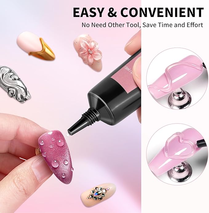 3D Nail Gel and Chrome Nail Powder Kit, 3 in 1 No Wipe Clear 3D Sculpting Gel for Nail Art Carving Molding Rhinestone Glue 15g, Gold Silver Metallic Mirror Nail Chrome Powder Glitter for Manicure