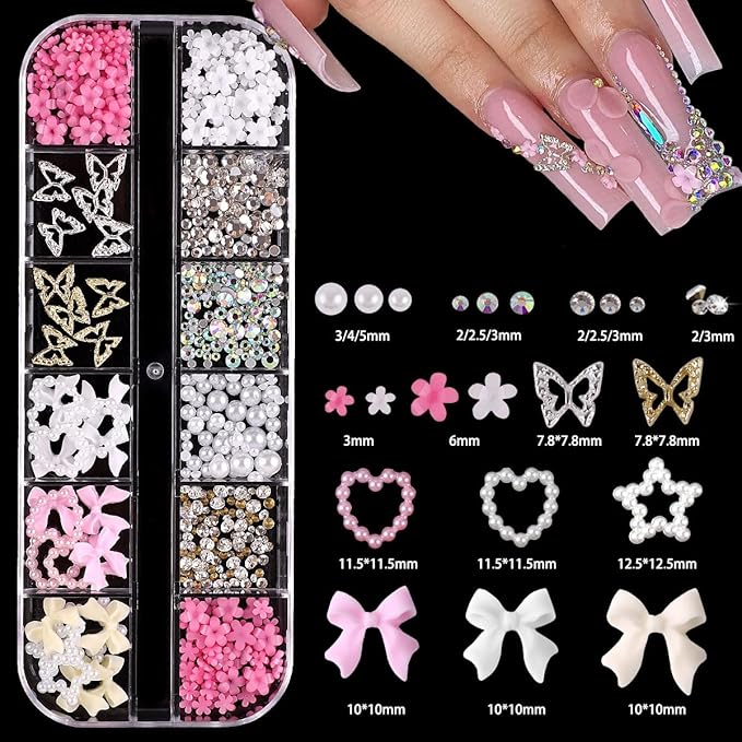 Nail Charms,Nail Rhinestones Kit with 4 Boxes of Nail Gems,Colorful Clear Flatback Rhinestone,3D Charms for Nails 3D Nail Art Design Kit Nail Decorations for Women