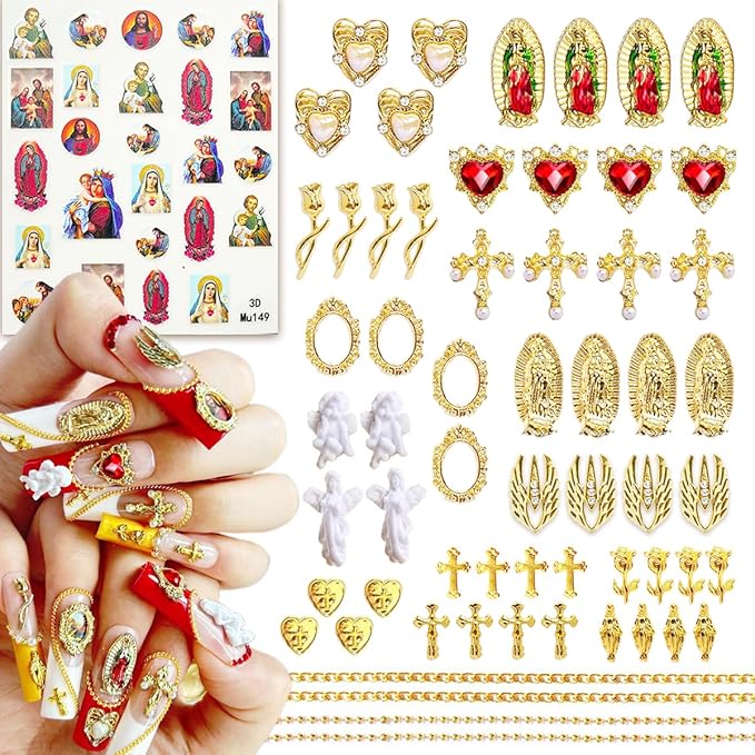 65pcs Virgin Mary Cross Gold Nail Charms 3D Heart Angel Rose Flower Alloy Rhinestones for Acrylic Nail Art Religious San Judas Nail Stickers Chains Gems Jewels Manicure Decoration Supplies DIY