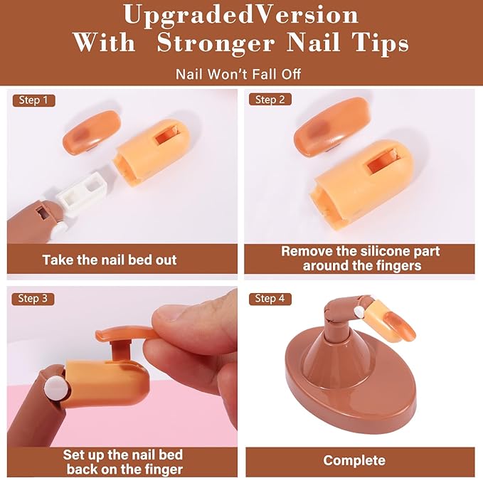 Practice Finger for Acrylic Nails, 1PC Adjustable Fake Mannequin Fingers with 1PC Acrylic Finger Base and 100PCS Brown Nail Tips, Movable Flexible Training Fake Finger Nail to Practice Nail Art