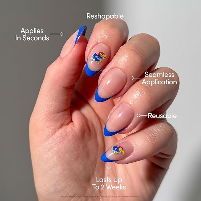 Glamnetic x Fanatics Press On Nails - Kansas Jayhawks | Short Almond Fake Nails, Collegiate Jayhawks Blue French Tips, College Nails, Salon-Quality | 15 Sizes - 30 Nail Kit with Glue