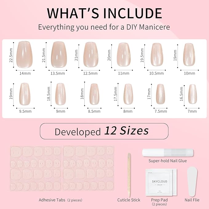 Cat Eyes Press On Nails,12 Sizes-24 Pcs Soft Gel Champagne Medium Coffin Fake Nails Kit with Nail Glue, Natural Reusable Stick On False Nails for Women and Girls (Skycloud Golden Yellow Nails) SK0823