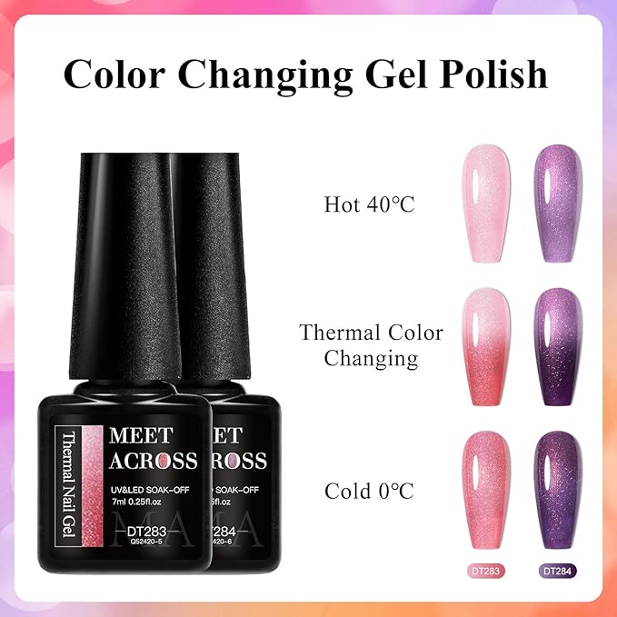 MEET ACROSS Color Changing Gel Nail Polish Set of 8 Temperature Changing Colors Including Red Pink Purple Orange Mood Changing Gel Manicure Kit for Nail Art Home DIY