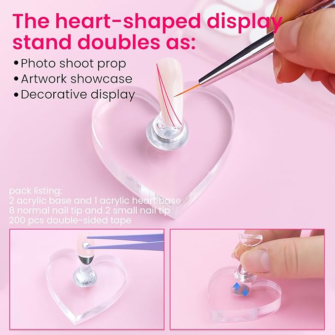 Nail Stand For Press On Acrylic Strong Magnetic Nail Holder Kit For Painting Nails Tip Arts Display Stand With 200 PCS Double-Sided Tape And 1 Heart Shaped Acrylic Magnetic Presson Stand