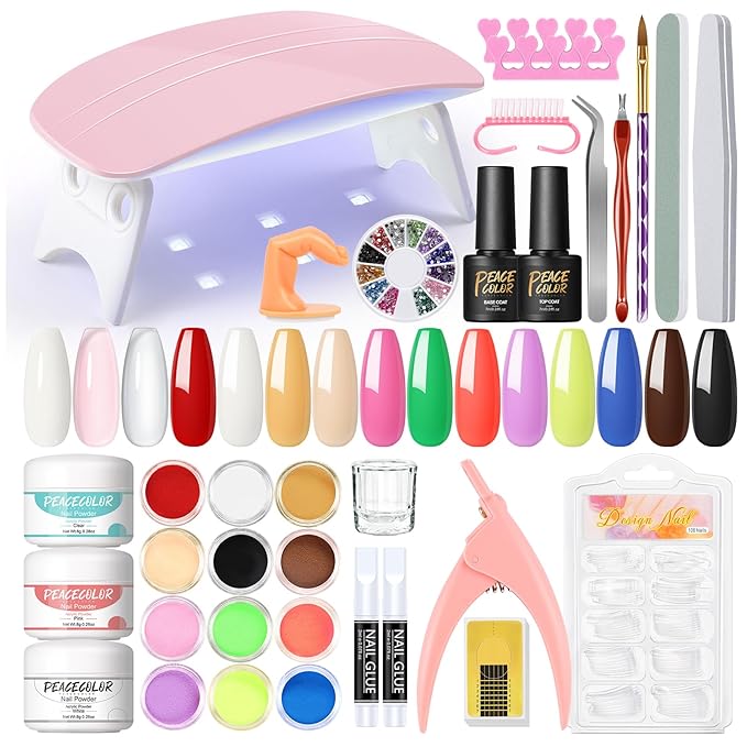 Acrylic Nail kit Starter Set 3Pcs Acrylic Powder with U V Light 12Pcs Glitter Powders 100Pcs Fake Tips Nail Art Home Gifts for Women