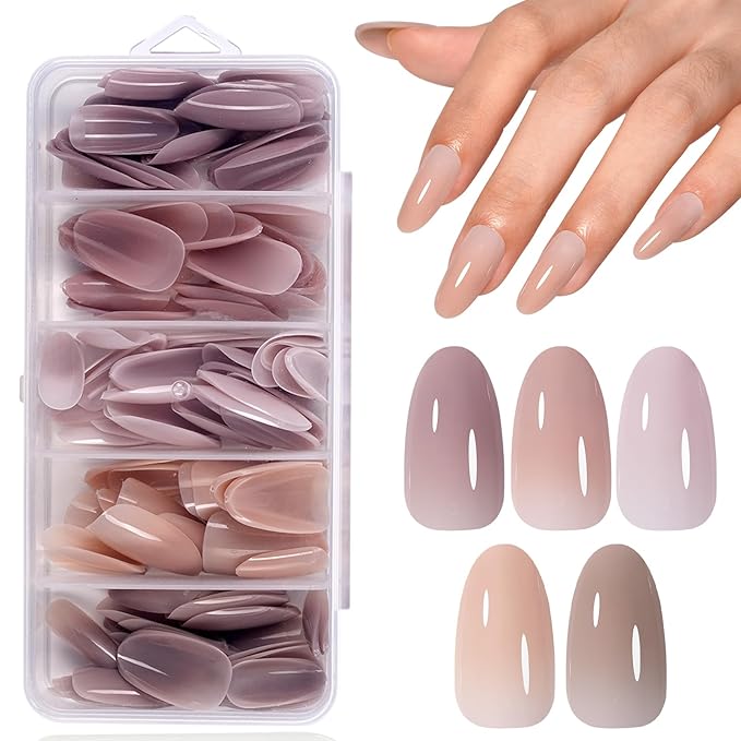 AILLSA Medium Gel Nail Tips Oval Shape 5 Natural Colors 4 in 1 False Nail Tips Set Press on Nails 140 PCS Pre-applied Tip Primer