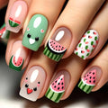 Cute French Tip Press on Nails Short Square Fake Nails with Designs Watermelon Glue on Nails Summer Fruit Acrylic Nails Press ons Glossy Full Cover Stick on Nails for Women Girls 24Pcs