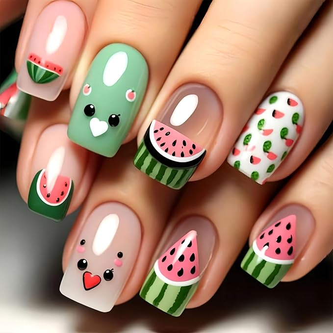 Cute French Tip Press on Nails Short Square Fake Nails with Designs Watermelon Glue on Nails Summer Fruit Acrylic Nails Press ons Glossy Full Cover Stick on Nails for Women Girls 24Pcs