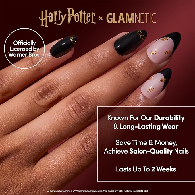 Glamnetic Press On Nails x Harry Potter™ - Harry Potter™ | Short Almond Fake Nails with Black French Tips, Glasses & Hidden Lightning Details, Officially Licensed | 15 Sizes - 30 Nail Kit with Glue