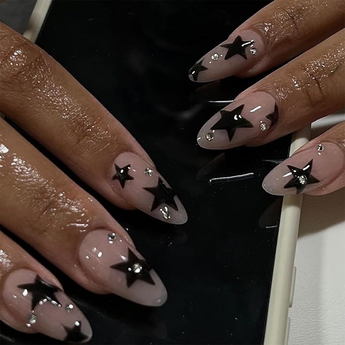 Black Star Press on Nails Medium Almond Fake Nails Nude Pink with Rhinestone Design Stick on Nails Full Cover Acrylic Nails Star False Nails Glitter Luxury Glue on Nails for Women DIY Manicure 24Pcs