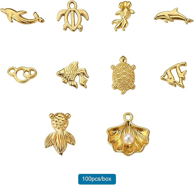 Pandahall 100Pcs Small Alloy Resin Fillers Supplies Ocean Theme Tortoise Fish Dolphin Goldfish Filling Accessories for Resin Jewelry Making