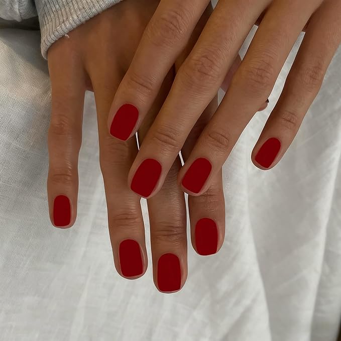 Matte Red Press on Nails Short Square, Natural Short Gel Nails Glue on Acrylic Nails Press ons, 48Pcs Thick Reusable Fake Nails for Women, Short Coffin Artificial Nails Solid Color Square Nails
