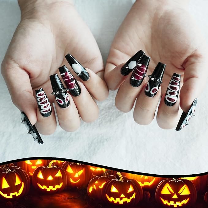 Long Coffin Press on Nails Y2K Edgy Dark Design - 3D Red Snake with Silver Metal Studs Charms Punk Goth False Nails, Reusable False Nails for Halloween, Parties (Snake Skin,S)
