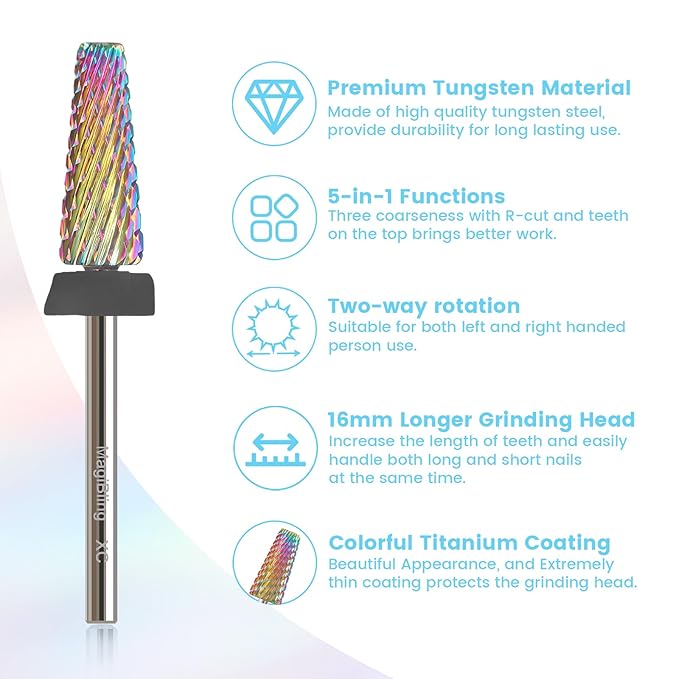 XC 5 in 1 Nail Drill Bits, 16mm Tapered 3/32'' Professional Tungsten Carbide Bits for Efile, 2 Rotation for Electric Drill, Remove Thick Gel Acrylic Fast, Technicians Bits, Extra Coarse
