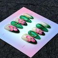 100% Handmade Press on Nails Medium Almond Handmade Nails with Rhinestone Pink Flower Charm Design Green Fake Nails Gold Lines Nail Press ons Reusable Spring Summer Acrylic Nail for Women Size M 10Pcs