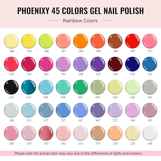 phoenixy Gel Nail Polish Kit with U V Light 64 Pcs Gel Nail Set 45 Rainbow Colors Nail Polish Set Base Coat & 4 Effects Top Coat Manicure Tools Complete Nail Kit Gifts for Women Girls