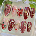 Christmas Press on Nails Medium Almond MABKJLF Fake Nails 3D False Nails with Flower Snowflake Stars Bow Pearls Rhinestones Designs Glossy Glue on Nail Winter Acrylic Nails for Women Girls 24Pcs
