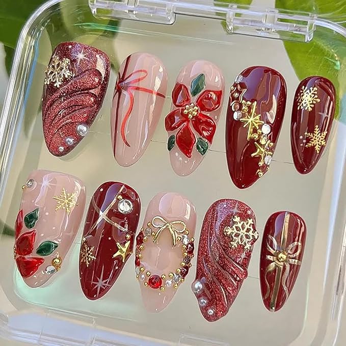 Christmas Press on Nails Medium Almond MABKJLF Fake Nails 3D False Nails with Flower Snowflake Stars Bow Pearls Rhinestones Designs Glossy Glue on Nail Winter Acrylic Nails for Women Girls 24Pcs