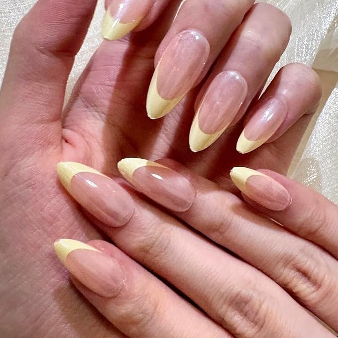 24 PCS Yellow French Tip Press On Nails Pink Chrome Nails Mirror Metal Chrome Nails Soft Gel Fake Nail