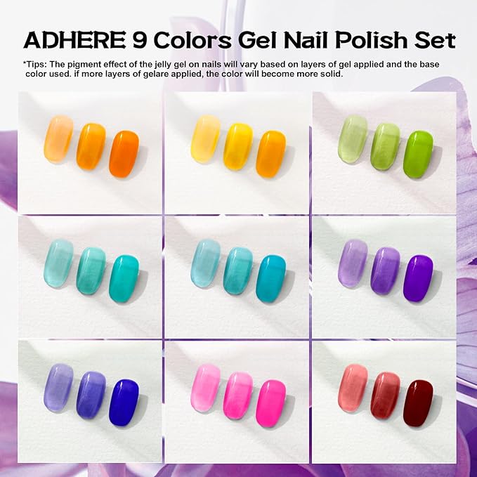 ADHERE Jelly Gel Nail Polish Set 12ML, 9 Transparent Colors Sheer Gel Polish with Blue Green Red Purple and Pink Nail Polish for Nail Salon DIY Home Christmas Holiday Gift Set