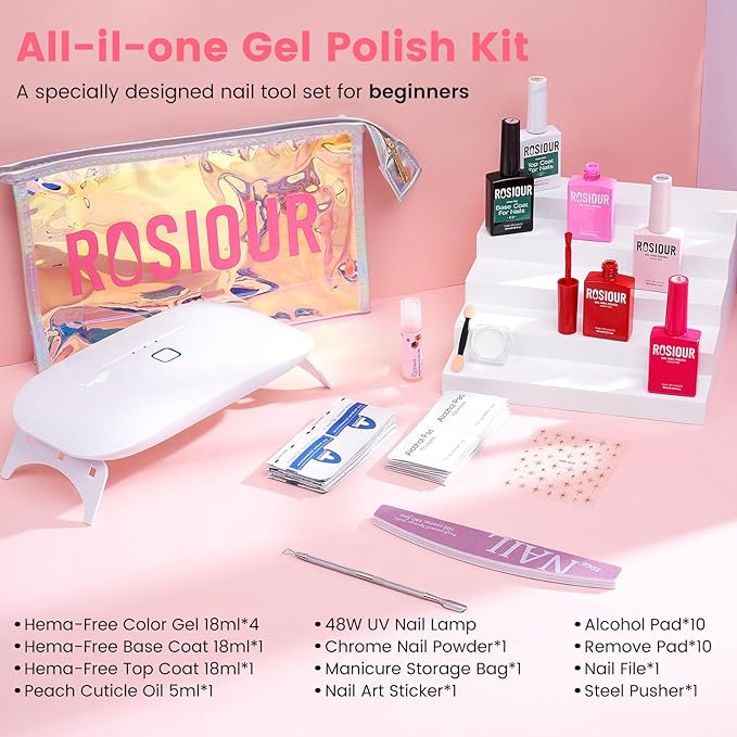 TPO and HEMA Free Gel Nail Polish Kit with U V Light - Nude Pink Red at Home Gel Manicure Kit with Base & Top Coat Chrome Nail Powder - 4 Colors Mini Salon Nail Art Starter Gift for Women Girl