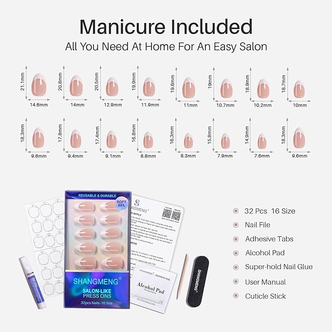 White French Tip Press on Nails Short - SHANGMENG Soft Gel Almond Nails for Women Gift, Fit Perfectly & Natural Glue on Nails in 16 Sizes - 32 Reusable Fake Nails with Glue, French White