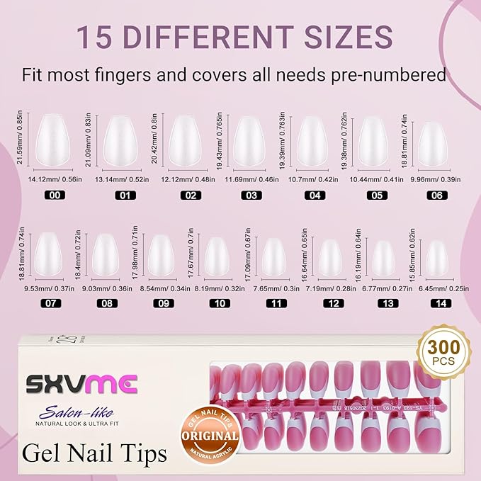 Gel French Tip Nails Short Coffin French Tip Press on Nails SXVME White French Nail Tips 300Pcs Pre-applied Tip Primer Natural Pink Fake Nails Extensions Gel Nail Kit for Women Girls DIY