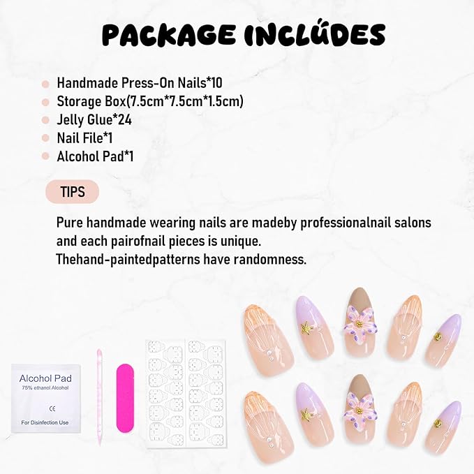 Handmade Press on Nails Purple French Tip Fake Nails with 3D Flower Pearl Starfish Designs Salon Quality False Nail Full Cover Thickened Medium Almond Acrylic Nails Stick on Nail for Women（Size M）