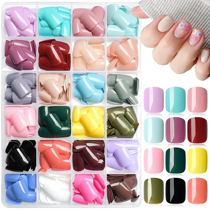 AddFavo 576pcs Square Press on Nails Short Fake Nails, Full Cover Glossy Short Nails Press on Acrylic False Nail Tips 24 Colors for Women