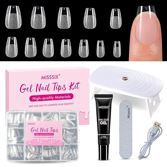 Misssix Extra Short Coffin Gel x Nail Tips Kit, 216Pcs Pre Etched Clear Fake Nails, Full Cover False Nail Gel Glue and Portable Mini U V Nail Lamp for Women 12 Sizes