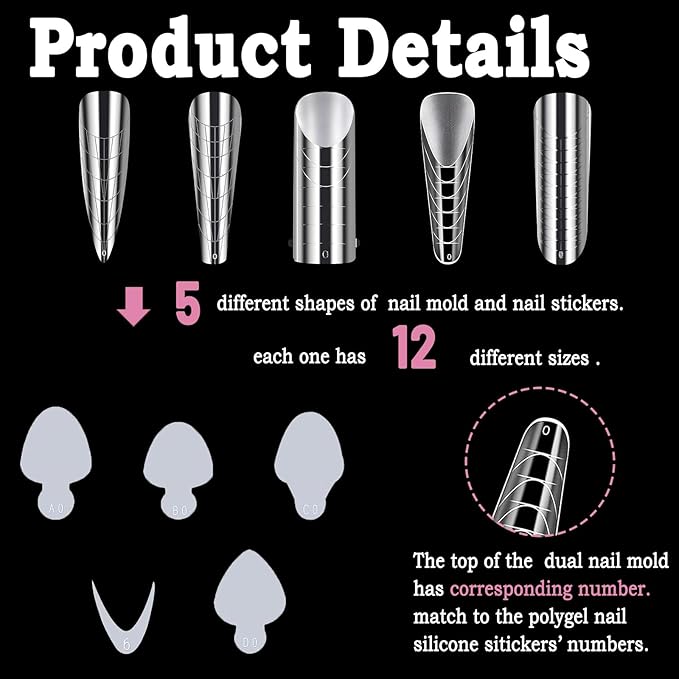 Allstarry 360pcs Nail Dual Forms, Silicone French Nail Forms for Poly Gel Nail Gel Extension Full Cover Acrylic Nail Tips 5 tpye nail form and Silicone Reusable Stickers for Nail Art Design