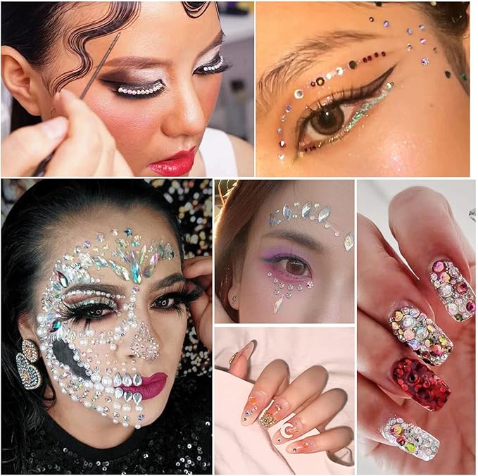 Beadsland Rhinestones for Makeup,8 Sizes 2500pcs Crystal AB Flatback Rhinestones Eye Gems for Nails Crafts with Tweezers and Wax Pencil,Crystal AB,SS4-SS30