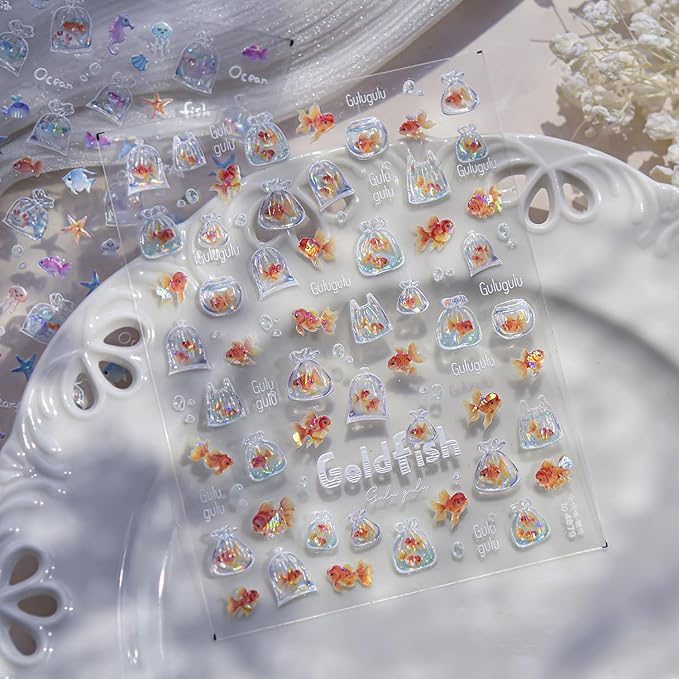 Goldfish Nail Stickers Cute Nail Art Decals Koi Fish Nail Art Stickers Cute Self Adhesive 5D Embossed with Ocean Design Nail Decals for Women Girls Kid Manicure Charms Supply Decoration 2Pcs