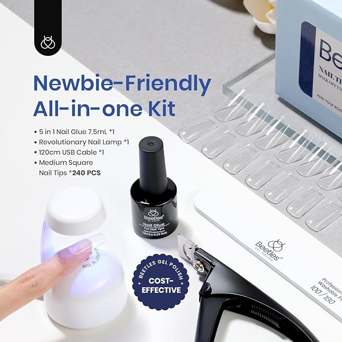 Beetles Gel Nail Kit Medium Square: Easy Nail Extension Set 5 In 1 Glue Gel Base Coat with Pre shaped Medium Square Tips and Uv Lamp Acrylic Nail Kit for Women Beauty Gift Set