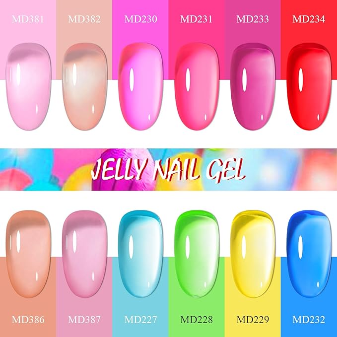 12 Colors Jelly Gel Nail Polish Set Crystal Neon Gel Polish Pastel Pink Blue Green Transparent Rainbow Manicure Kit Gift for Women Girls 8ML