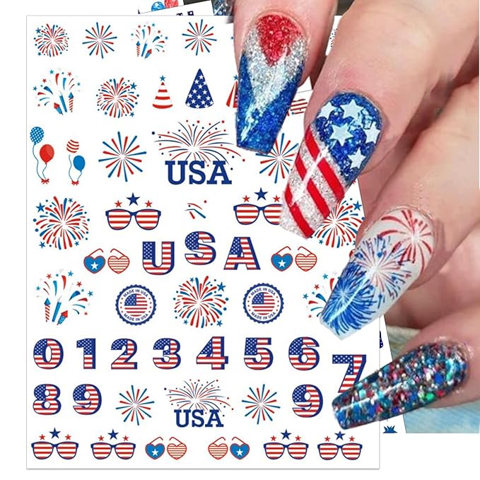 12 Sheets 4th of July Nail Stickers, USA Independence Day Patriotic Nail Decals, 3D Design Self-Adhesive Memorial Day Flag Star Nail Art