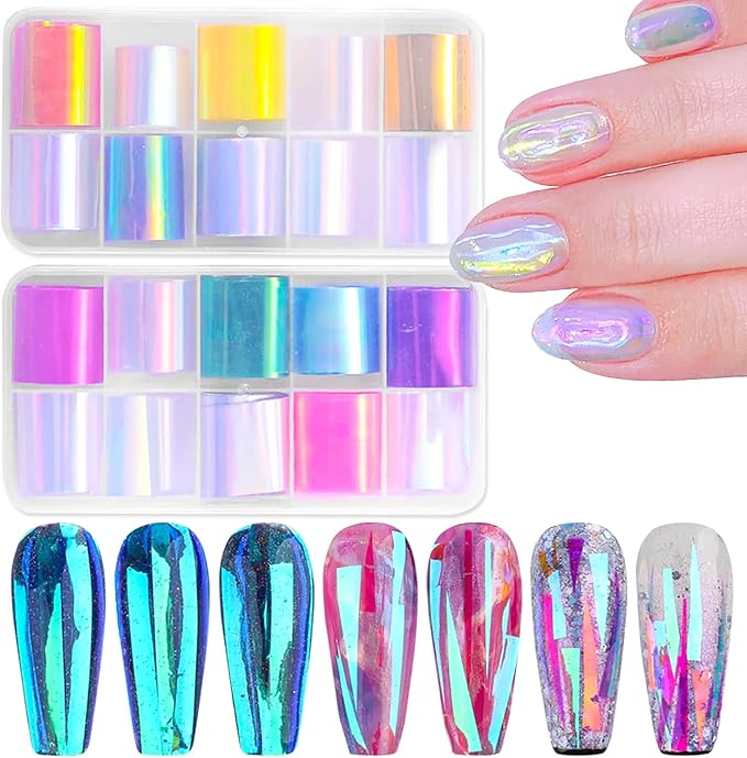 20 Rolls Gradient Aurora Glass Paper Nail Art Sticker 3D Holographic Aurora Glass Reflective Mirror Shard Effect Rainbow Thin Iridescent Cellophane Films Foil Nail Wraps for Women Nail Art