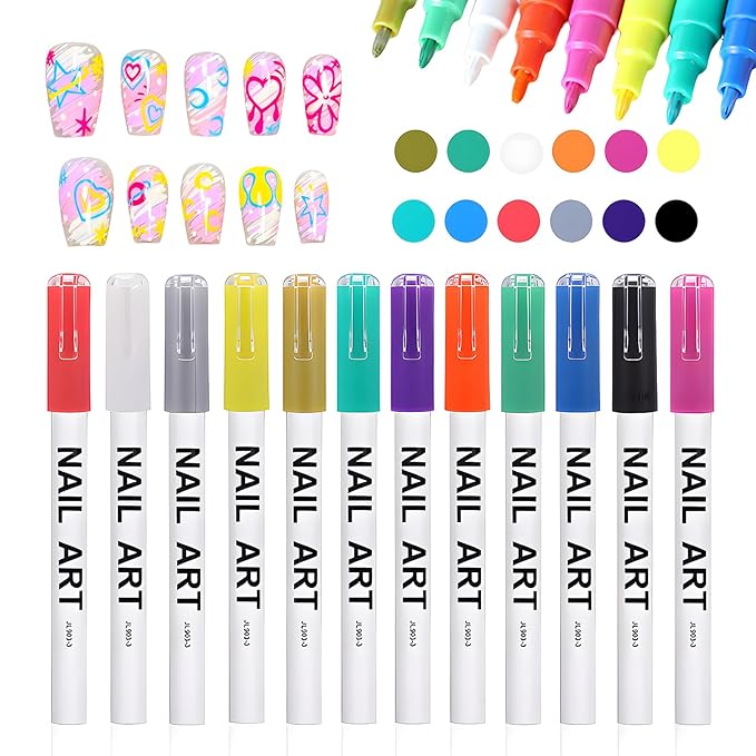 12 Colors Nail Art Pens, Quick Dry Nail Marker Pens Set for DIY Nail Design, Nail Art Markers Nail Tools for Home & Salon Manicure