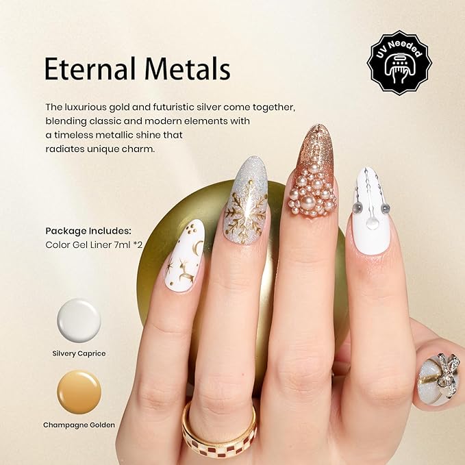 Beetles Metallic Gel Liner Nail Art Polish Set Gold Silver 2pcs Gel Nail Polish Liner Chrome 3D High-Gloss Effect for Nails Paint Design with Thin Brush DIY French Manicure Gift for Women