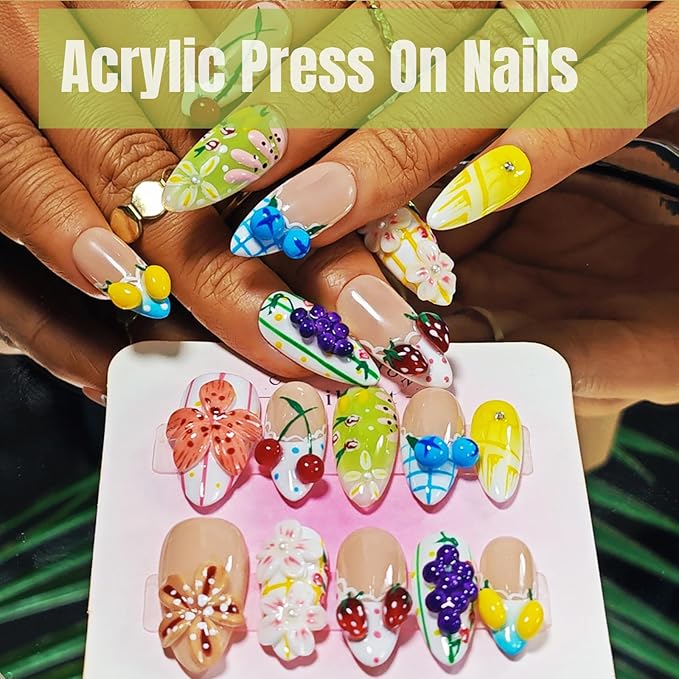 Handmade Acrylic Press On Nails Almond, French Tip Press On Nails Medium, Flower 3D Nails Cherry Strawberry Fruit Plaid For Women Gift, Reusable Stick On Fake Nails Kit With Nail Glue(Fruit Picnic-L)
