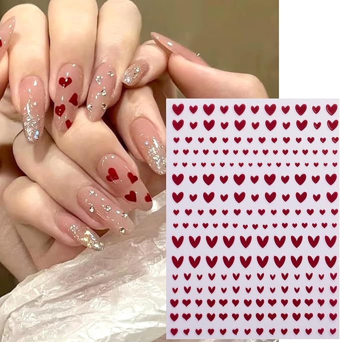 Heart Nail Stickers Decals for Nail Art, 6Sheets 3D Self Adhesive Hearts Nail Art Stickers for Women Gold Black White Red Heart Love Patterns Elegant Design DIY Valentines Manicure Accessories