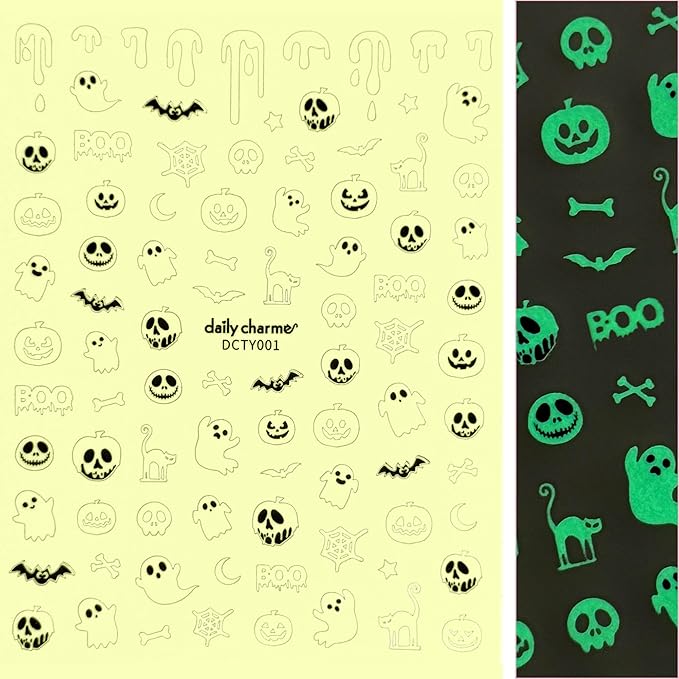 Daily Charme Haunting Halloween Sticker Bundle Luminous Halloween Nail Art Stickers Decals Glow in The Dark Nail Stickers for Women Girl Self-Adhesive DIY Manicure Sticker Nail Accessories