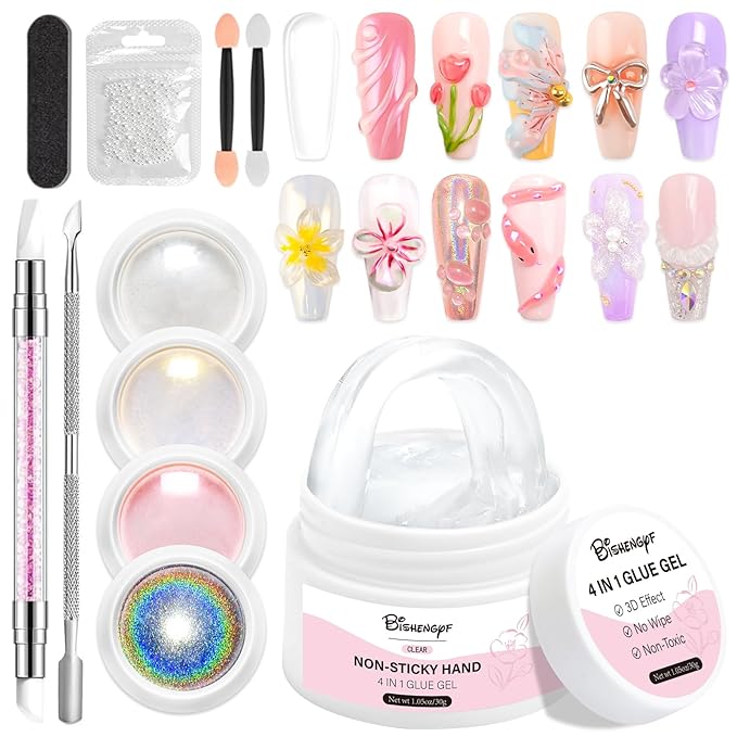 Solid Builder Gel for Nails BISHENGYF: Clear Non-Sticky Hand 3D Sculpting Modeling Carving Hard Gel with Mermaid Holographic Laser Pearl White Pink for Manicure Salon UV Home DIY