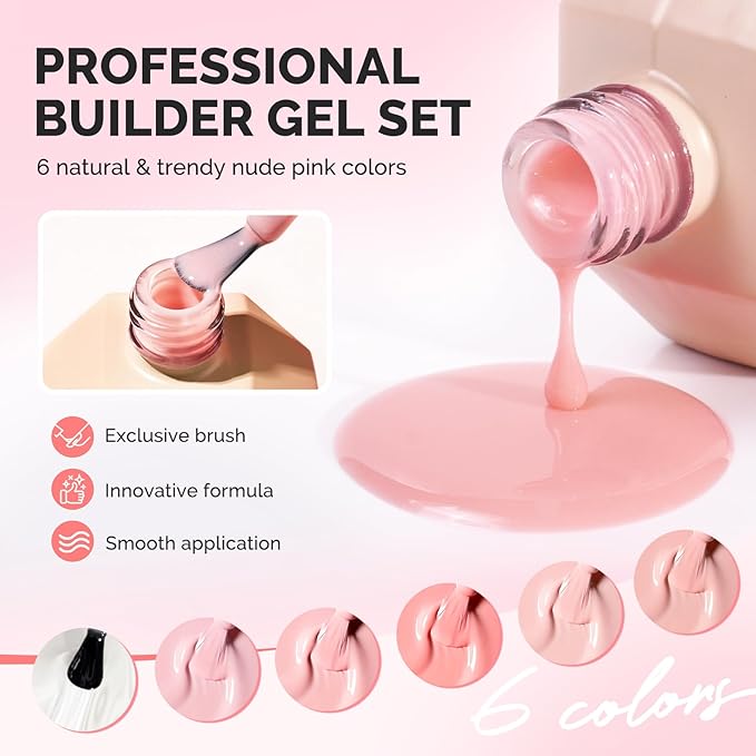 MelodySusie Builder Gel Nail Set for Nails Thickening,6 Colors 15ML Nude Pink Base Colors Clear Rubber Base Gel Polish,Soak Off UV Extension,Rhinestone Nail Glue in a Bottle Gift for Women