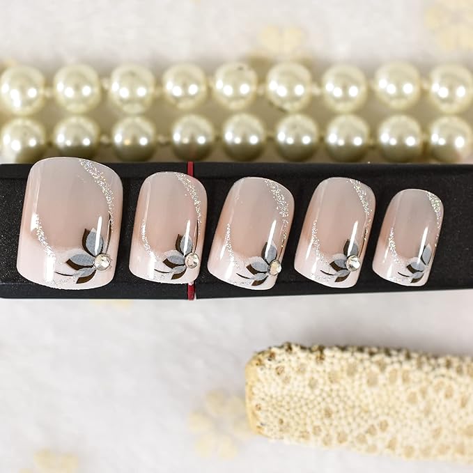 EchiQ Flowers Short Round Press On Nails, Natural Design, Gel Polish DIY, Diamond Nude Base, Swirls Glitter Sequins Shimmer Solid Color Glossy Fake Nails Women Girls