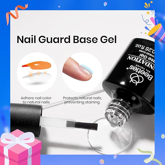 Beetles 2Pcs No Wipe Gel Top Coat and Base Coat Set, High Gloss Clear Long Lasting Base and Top Coat, Soak Off Nail Art DIY at Home