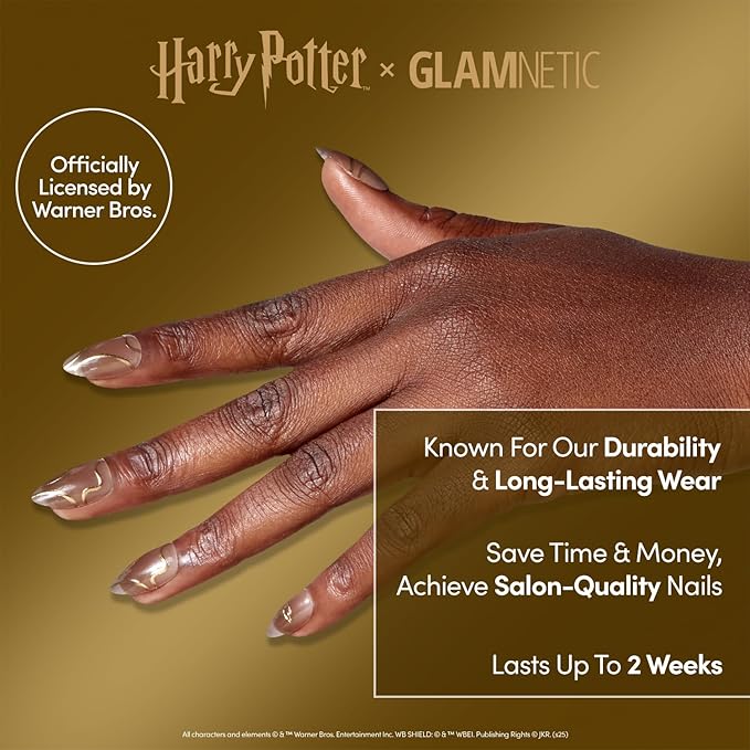 Harry Potter™ x Glamnetic Press On Nails - Golden Cup™ | Semi-Transparent Brown 3D Gold Graphic Short Almond Nails in a Chrome & Glossy Finish | 15 Sizes - 30 Nail Kit with Glue