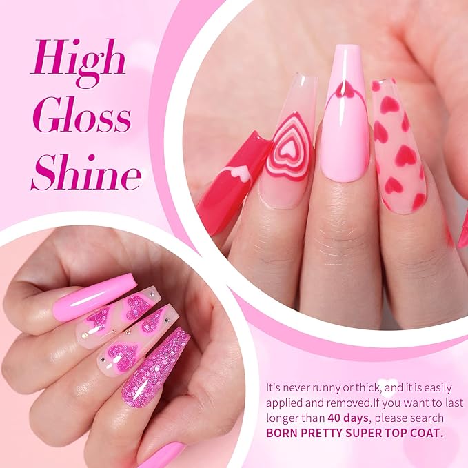Born Pretty Neon Hot Pink Valentine's Day Gel Nail Polish,Natural Soft Light to Dark Glitter Sparkle Gel Polish Soak Off U v LED Nail Art Manicue Kit DIY at Home or Manicure Salon 6PCS