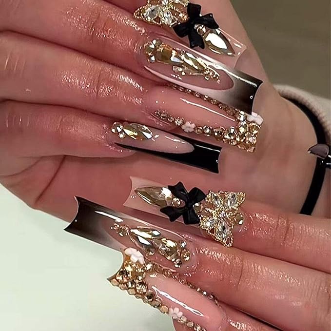Press on Nails Long Square Rhinestone False Nails 3D Bow Charms Flower Glue on Butterfly Fake Nail Gradient Black French Tips Nails Press ons Glossy Reusable Nail for Women Manicure 24pcs